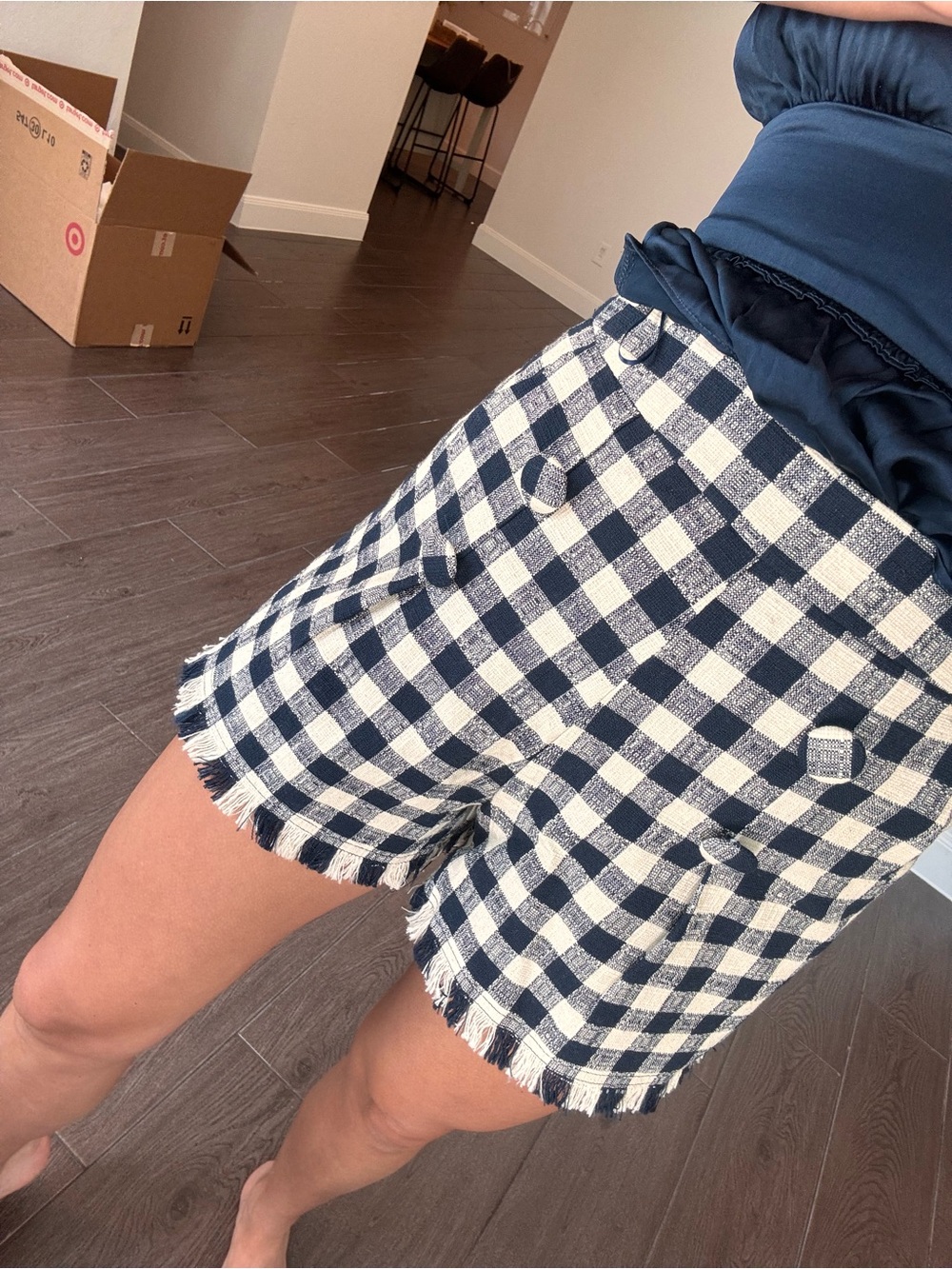 TCEC Navy and White Gingham Frayed-Hem Shorts